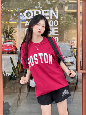 OOHome新品 Bm 元 美式复古BOSTON刺绣宽松T恤休闲显瘦短袖女减标