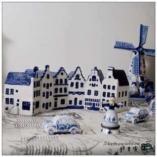外贸荷兰蓝白代尔夫特蓝白陶瓷房子小镇微缩景观摆件场景装饰建筑