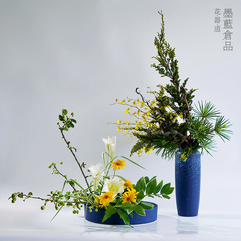 星空蓝陶瓷圆盘花器大 禅意日式插花器皿 客厅桌面花瓶摆件投入瓶