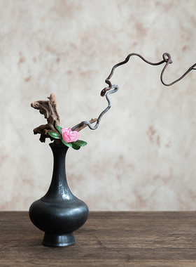 一日一花 日式黑色小花瓶日本花道插花花器陶瓷器皿 桌面小众摆件