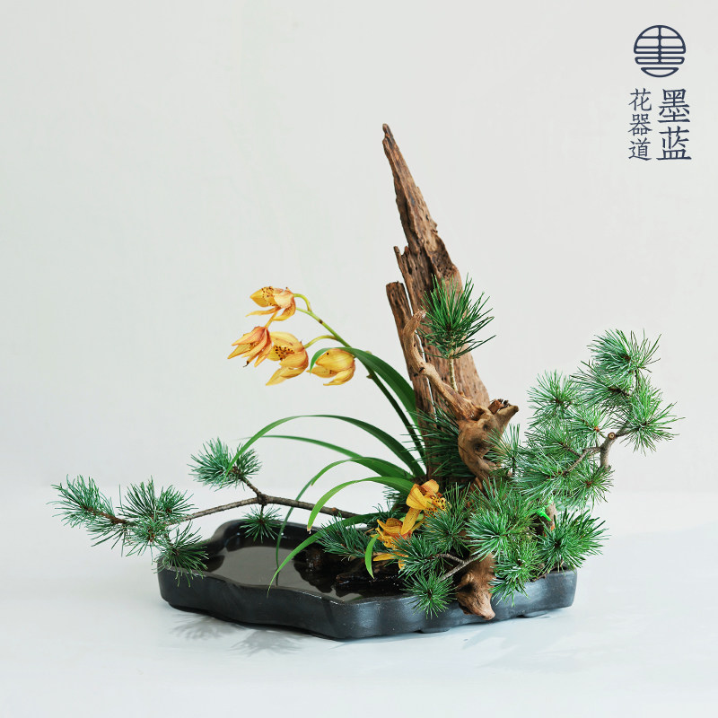 手工紫砂陶瓷不规则大水盘花器写景日式花道插花器皿禅意中式花盘
