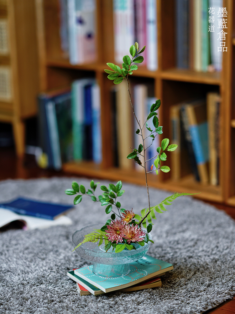 插花盘客厅甜点茶点茶桌透明花器高脚日式玻璃干果桌面水果盘碗