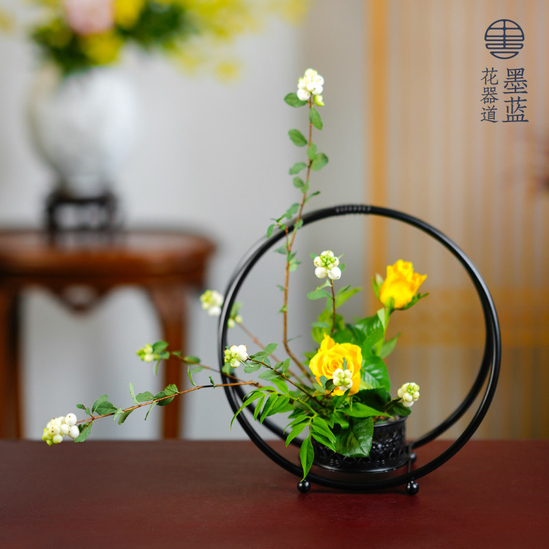 铁艺小花篮造型花器复古禅意中式日式插花器皿新中式茶席摆件装饰