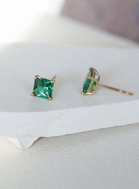 白小C韩国10K14K金黄金首饰 简约祖母绿色方形锆石单钻耳钉耳链