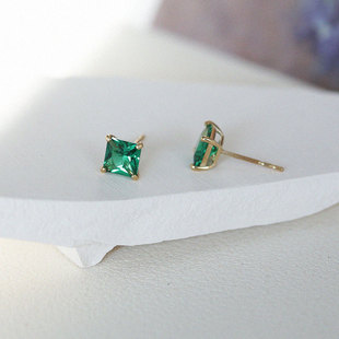 白小C韩国10K14K金黄金首饰 简约祖母绿色方形锆石单钻耳钉耳链