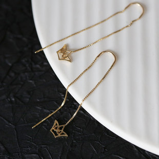 白小C韩国进口黄金首饰14K金耳环耳饰素金小皇冠吊坠长线蛇骨耳链