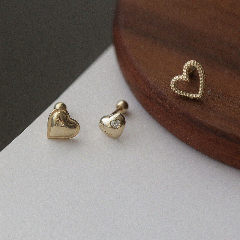 白小C黄金首饰14K/10K金耳环耳饰精致镂空心形镶钻爱心拧螺丝耳钉