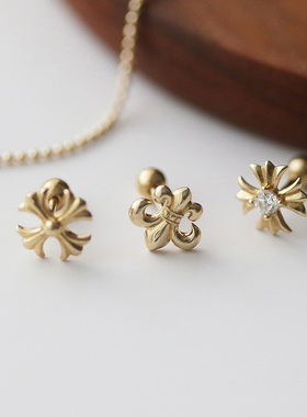 白小C黄金首饰14K/10K金耳环耳饰 光面雕花素金十字架拧螺丝耳钉