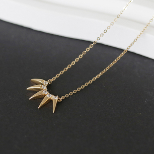 白小C韩国黄金14K金项链 个性镶钻尖钉铆钉扇形吊坠锁骨链