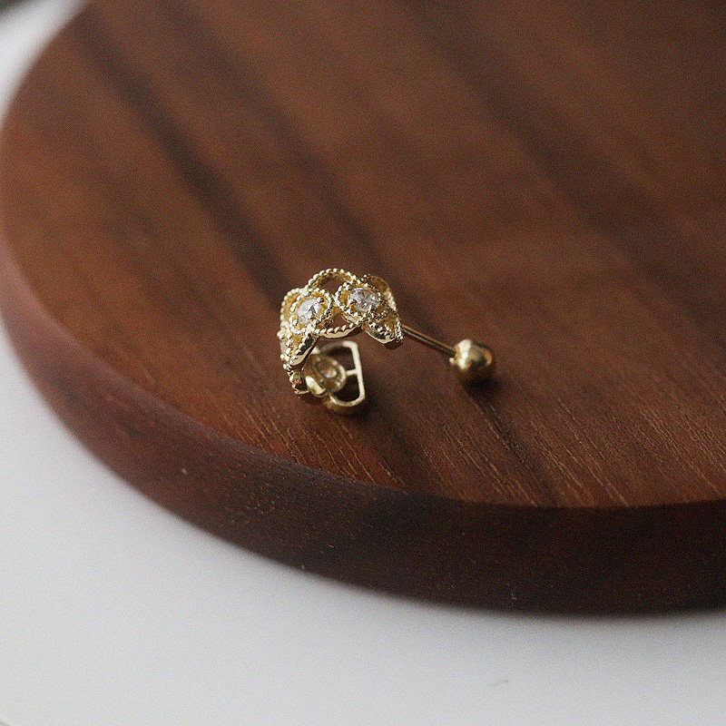 白小C定制黄金首饰10K金耳环耳饰 弧形镶钻蕾丝花瓣耳骨螺丝耳钉