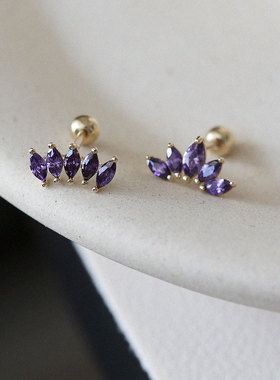 白小C黄金首饰14K/10K金耳环 精致紫色系羽毛叶子拧螺丝耳骨耳钉