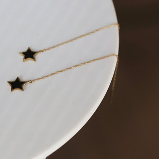 特 白小C黄金首饰14K金10K金耳钉 黑色滴釉五角星素金耳链长耳线
