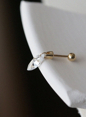 白小C韩国10K14K金首饰亮晶晶叶子水滴水晶锆石坠耳骨拧螺丝耳钉