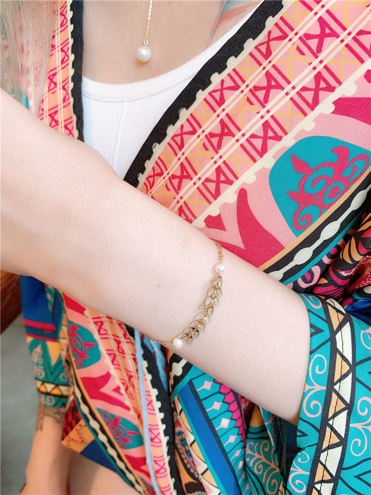 白小c 韩国进口黄金首饰14k金手链 橄榄枝金叶子珍珠手链