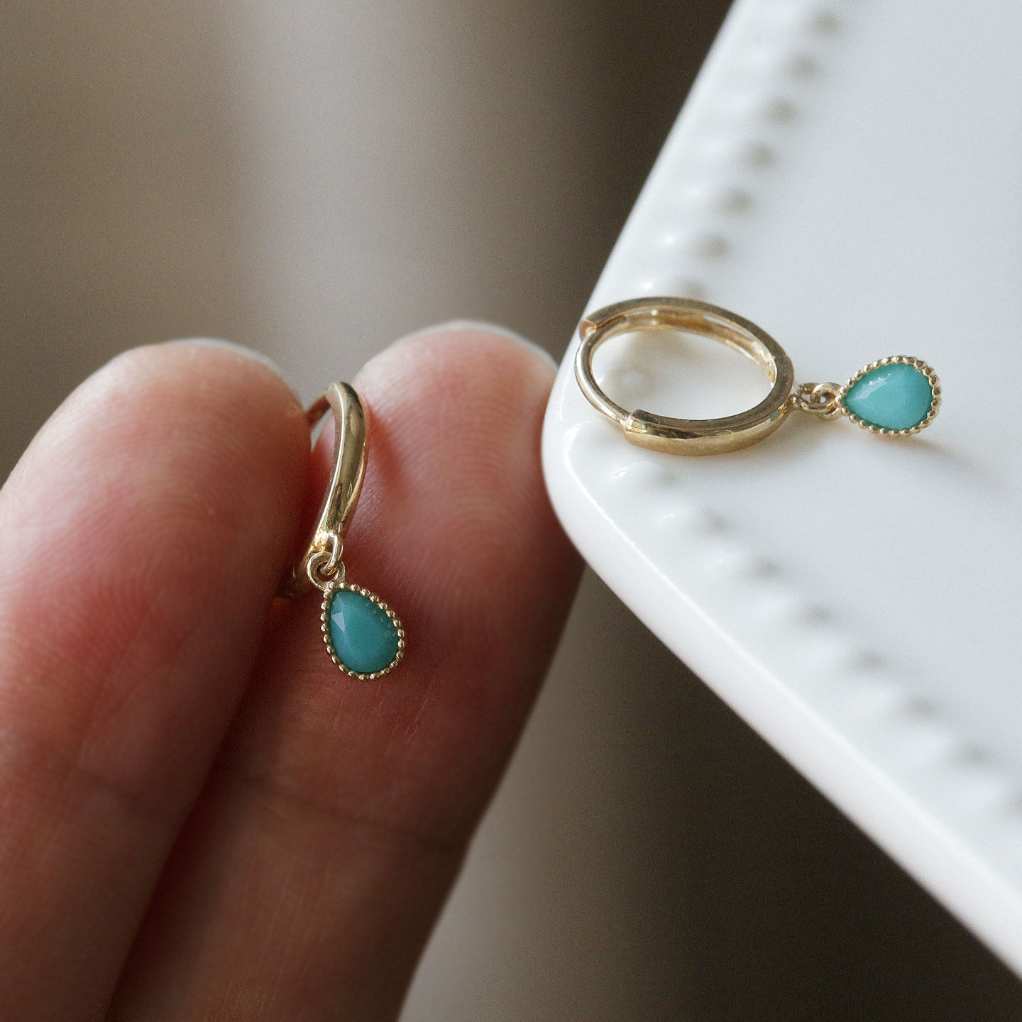 白小C 韩国K黄金10K14K金耳环 花边水滴绿松石圆形吊坠耳扣耳圈