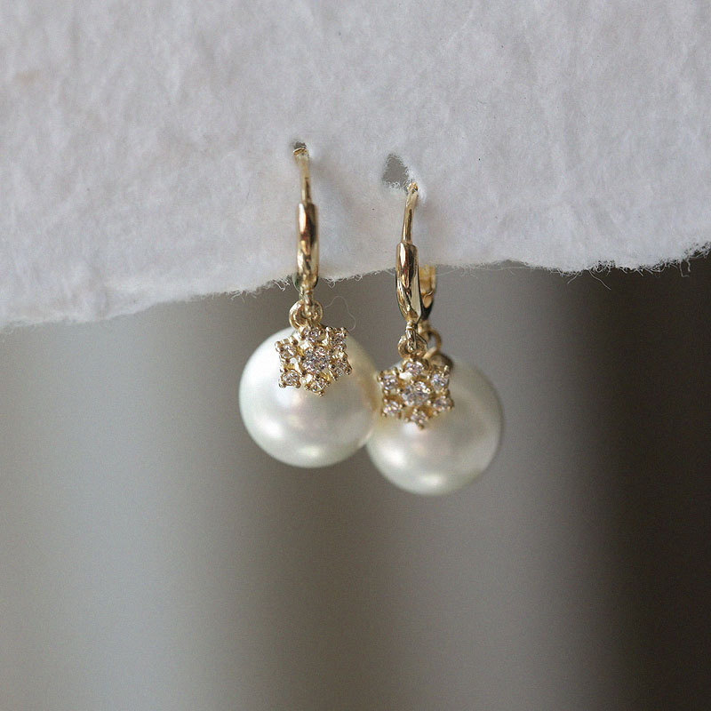 白小C韩国黄金10K14k金耳钉首饰 满钻花朵珍珠吊坠耳环耳扣女