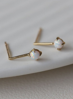 韩国10K14K金黄金首饰 横竖金棍镶白色欧泊耳饰耳钉