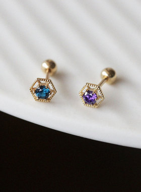 白小C韩国纯10K14K金首饰 几何边镶蓝紫色单钻耳骨拧螺丝耳钉