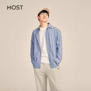 男港风蓝条纹衬衣休闲宽松大码 MOST男装 长袖 衬衫 C001102002 外套
