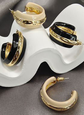 轻奢欧美夸张大C字形圈圈耳环女黑色珐琅高级小众设计感耳圈TARA
