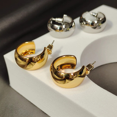 TARA法式耳圈欧美冷淡简约通勤气质宽版光面C字金色银色素圈耳环