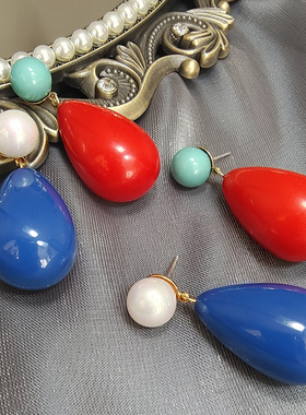 法式小众设计感珍珠复古树脂水滴耳环女糖果色新年红色耳饰欧美风