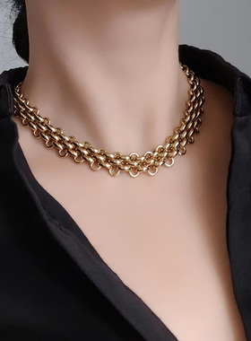 嘻哈风ins欧美中性宽版粗链大气小众设计编织锁骨链钛钢项链TARA