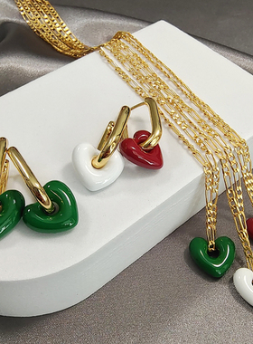 简约通勤气质法式绿色红色心形珐琅耳环女项链手链套装U形耳扣潮