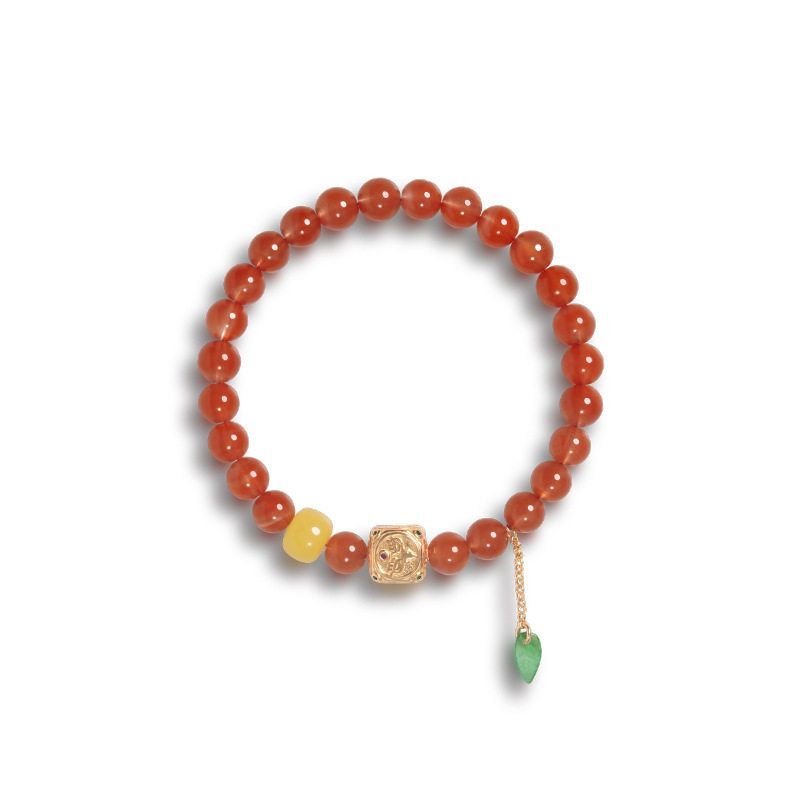 天然水红川料南红手串女蜜蜡翡翠手链S925银镀18k金四面财神工厂