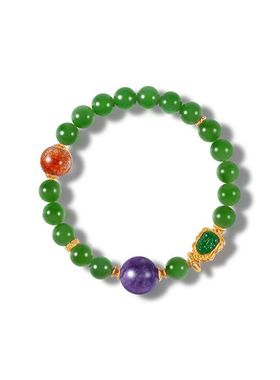 现货天然和田碧玉手串女款S925银镀18K金紫龙晶8mm圆珠手链工厂