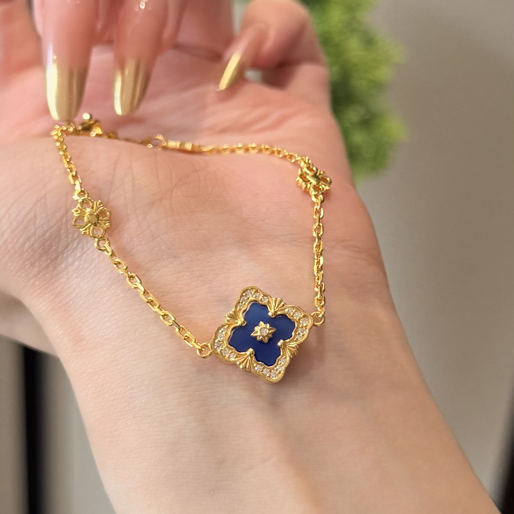 古法足金999水贝黄金布契满钻单片手链（蓝）新款2025送礼送女友