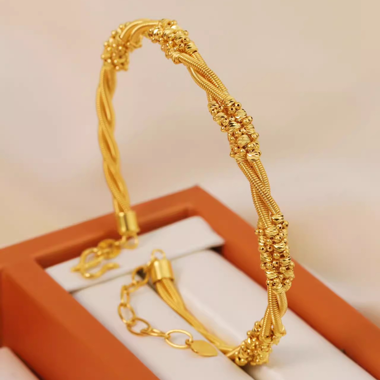 光影编织麻花弹力手镯2025新款足金999水贝黄金女版时尚送女友