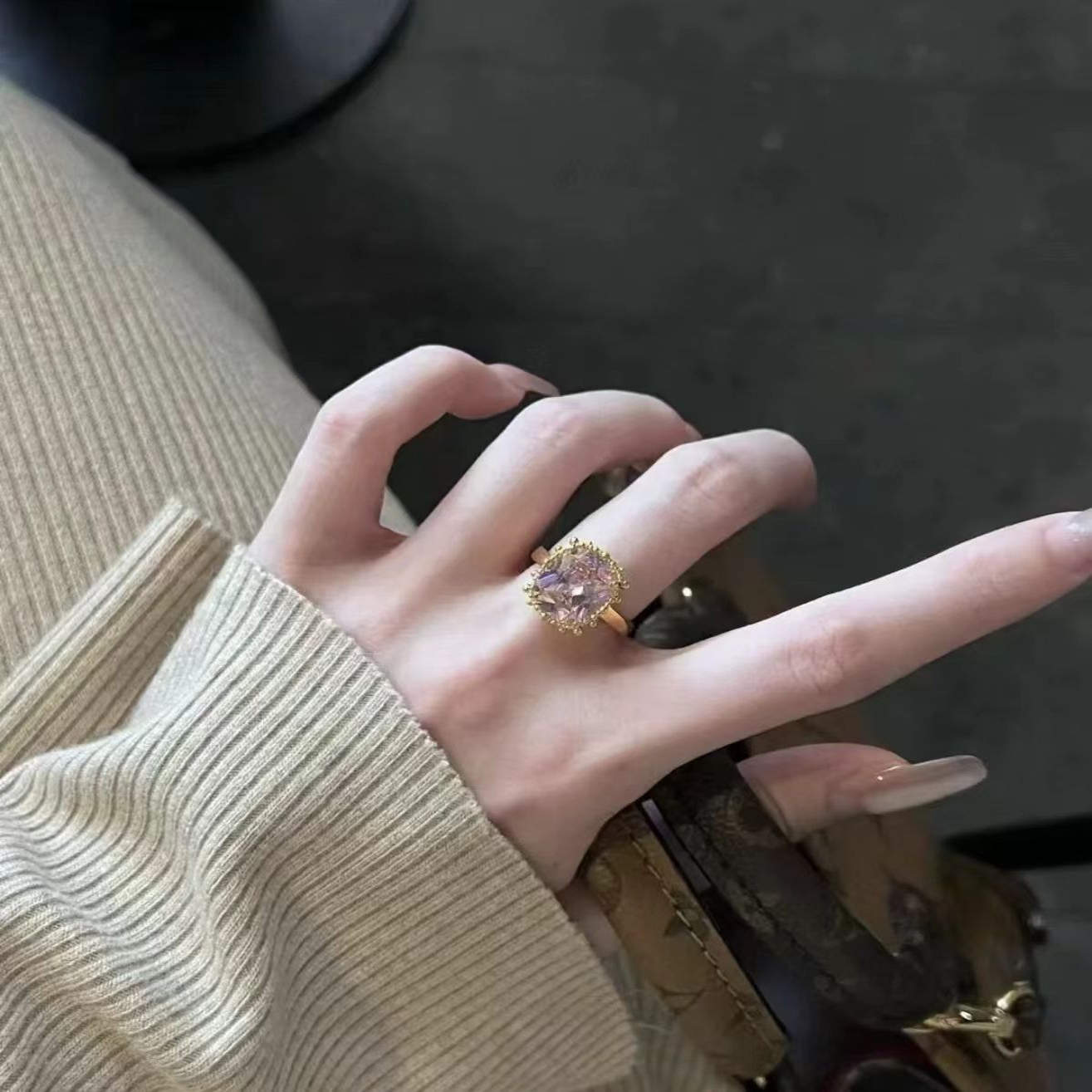 足金999点钻粉玫瑰方糖白玫瑰方糖黄金戒指新款2025水贝黄金戒指