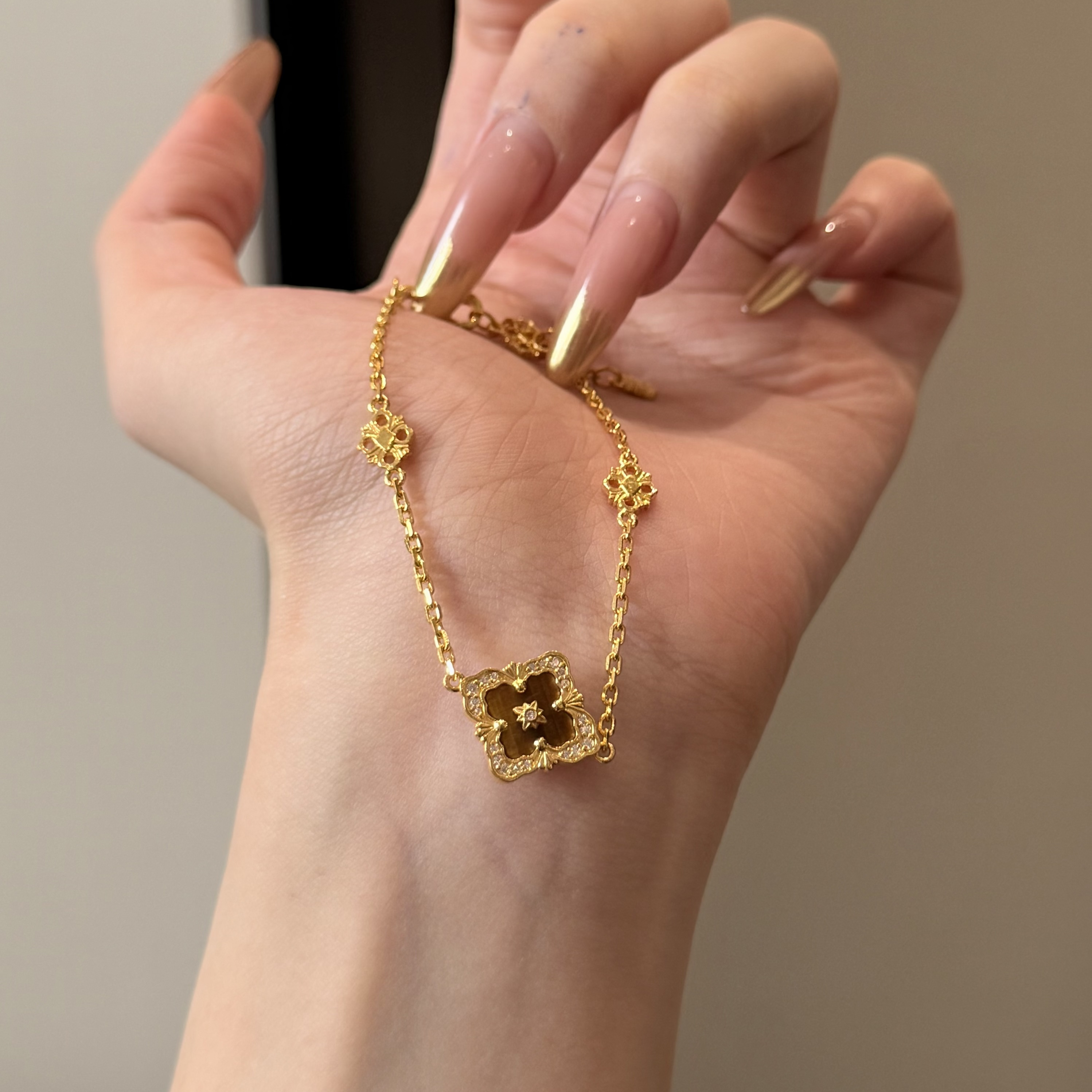 古法足金999水贝黄金布契满钻单片手链（黄）新款2025送礼送女友