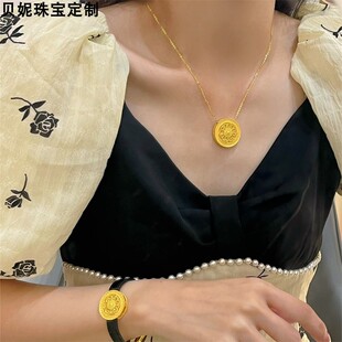纯金足金999古法黄金八宝罗盘手表款手饰通孔吊坠项链女一款两戴