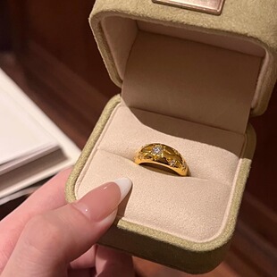 999足金5D无氢闪闪星芒黄金戒指宽版固口9-22圈口简约ins风女款