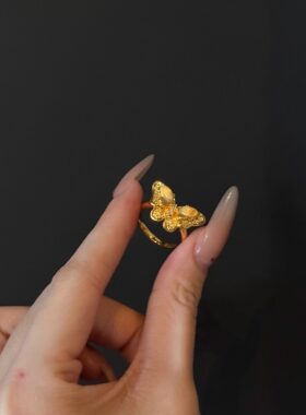 5D足金999镶钻点钻双层蝴蝶戒指
