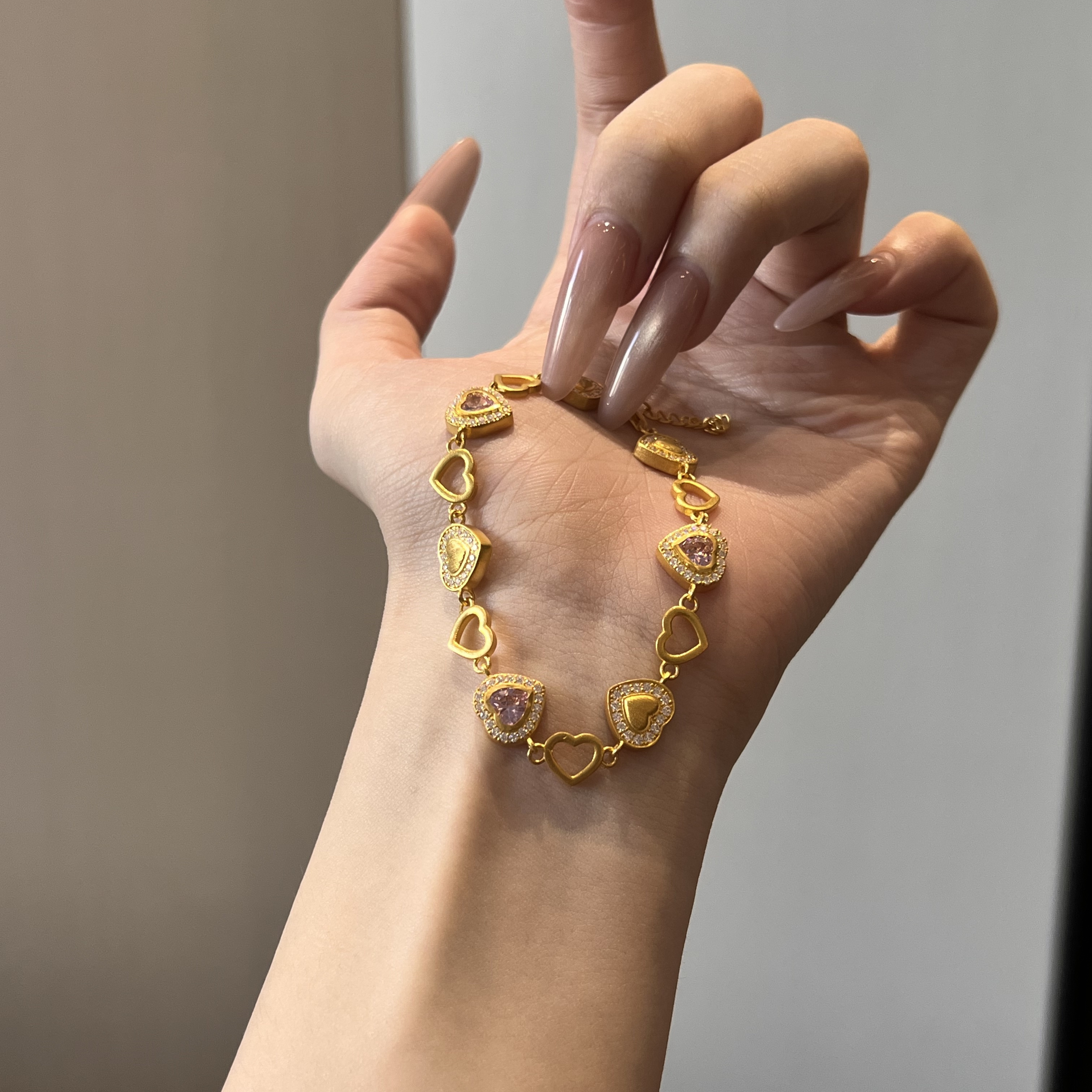 足金999水贝黄金心相连手链