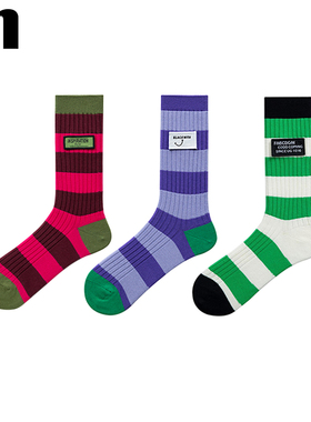 设计师款布标条纹中筒袜子女纯棉绿色小众外穿潮流彩色网红韩版