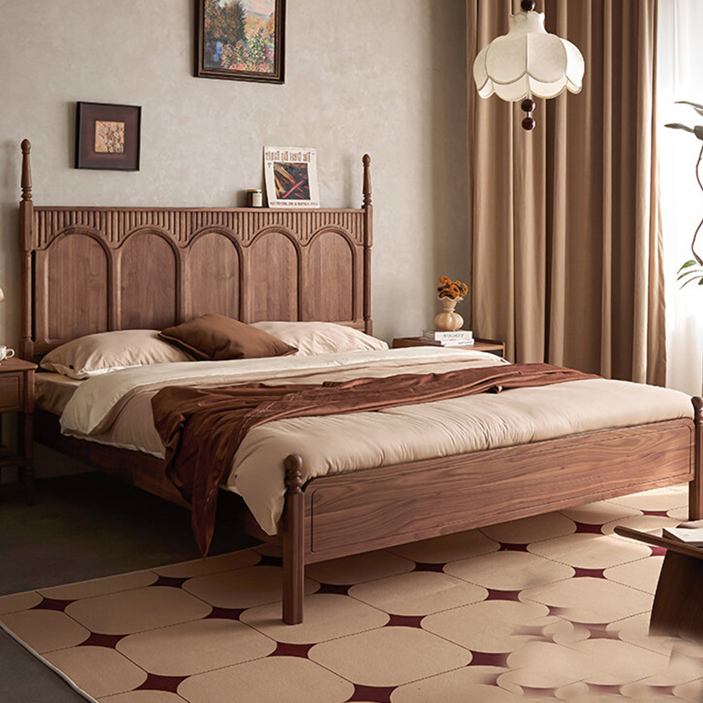 北美黑胡桃木法式复古实木床1.8米美式双人中古婚房主卧高脚大床