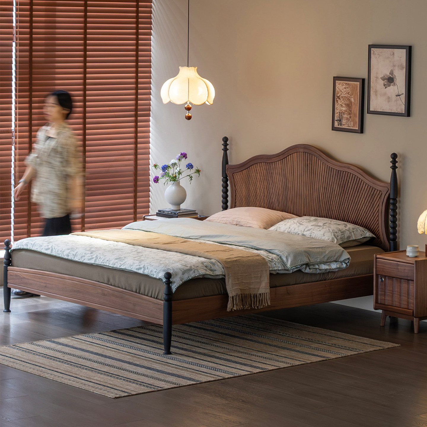 北美黑胡桃大床家用实木家具罗缦美式床复古床主卧1米8双人床原木