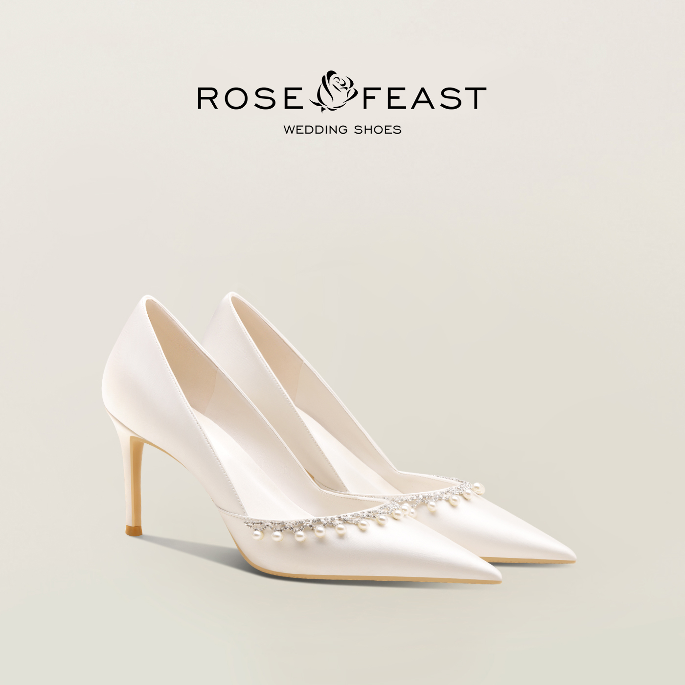 rosecastle白色绸缎婚鞋新款