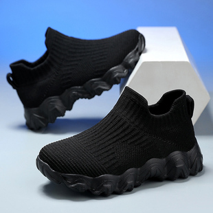 低帮儿童袜子鞋男童鞋全黑色小女孩中大童透气套脚网面运动休闲鞋