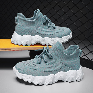 儿童袜子鞋男童鞋全黑色透气网面小女孩套脚中大童飞织运动休闲鞋