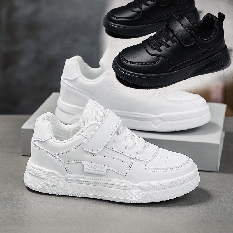 中大童皮面儿童鞋子全黑色男童运动鞋小学生纯黑板鞋女孩白色球鞋