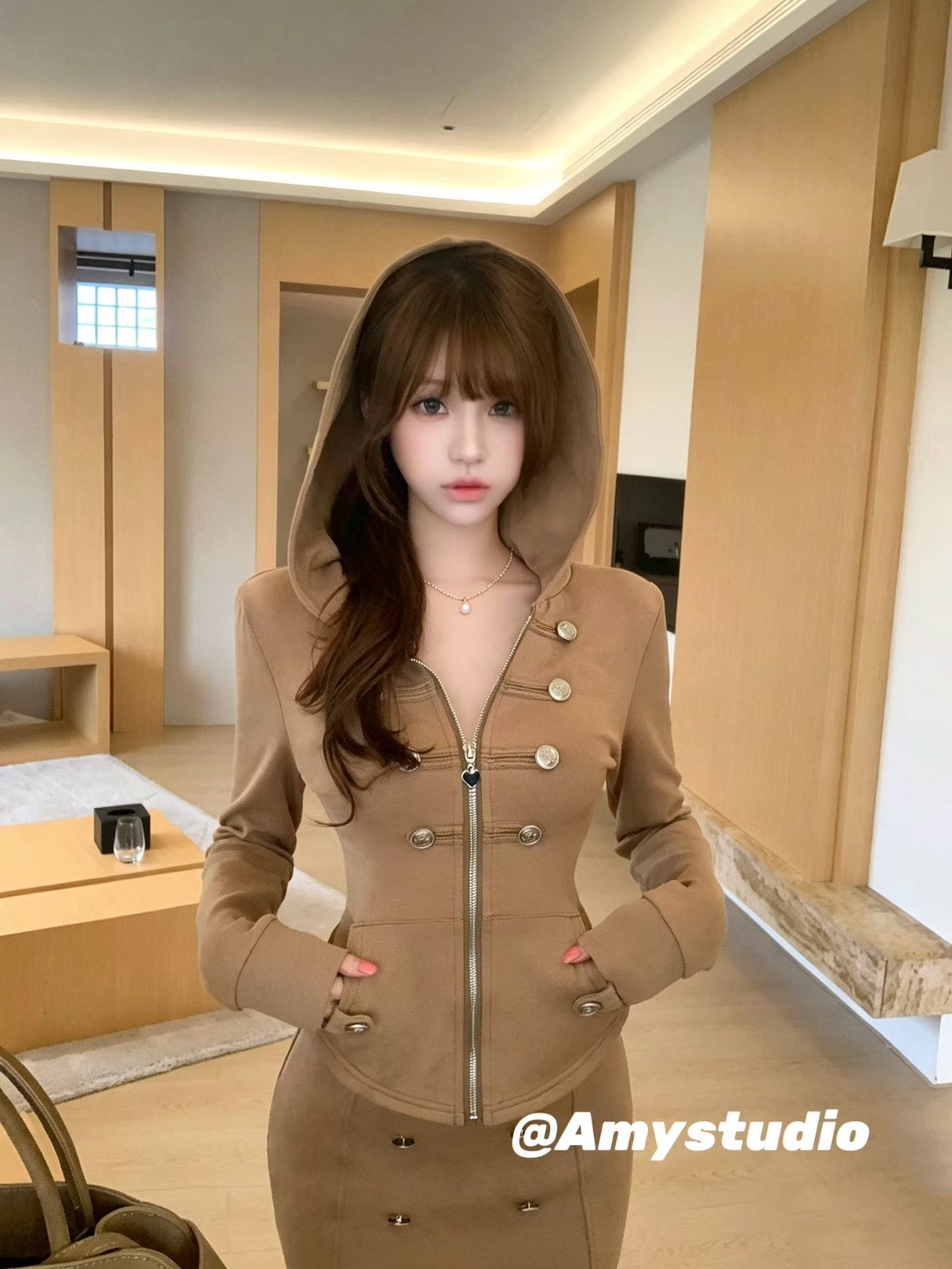 2026秋新款韩版AMY艾米时尚百搭连帽外套+高腰显瘦半身裙两件套女