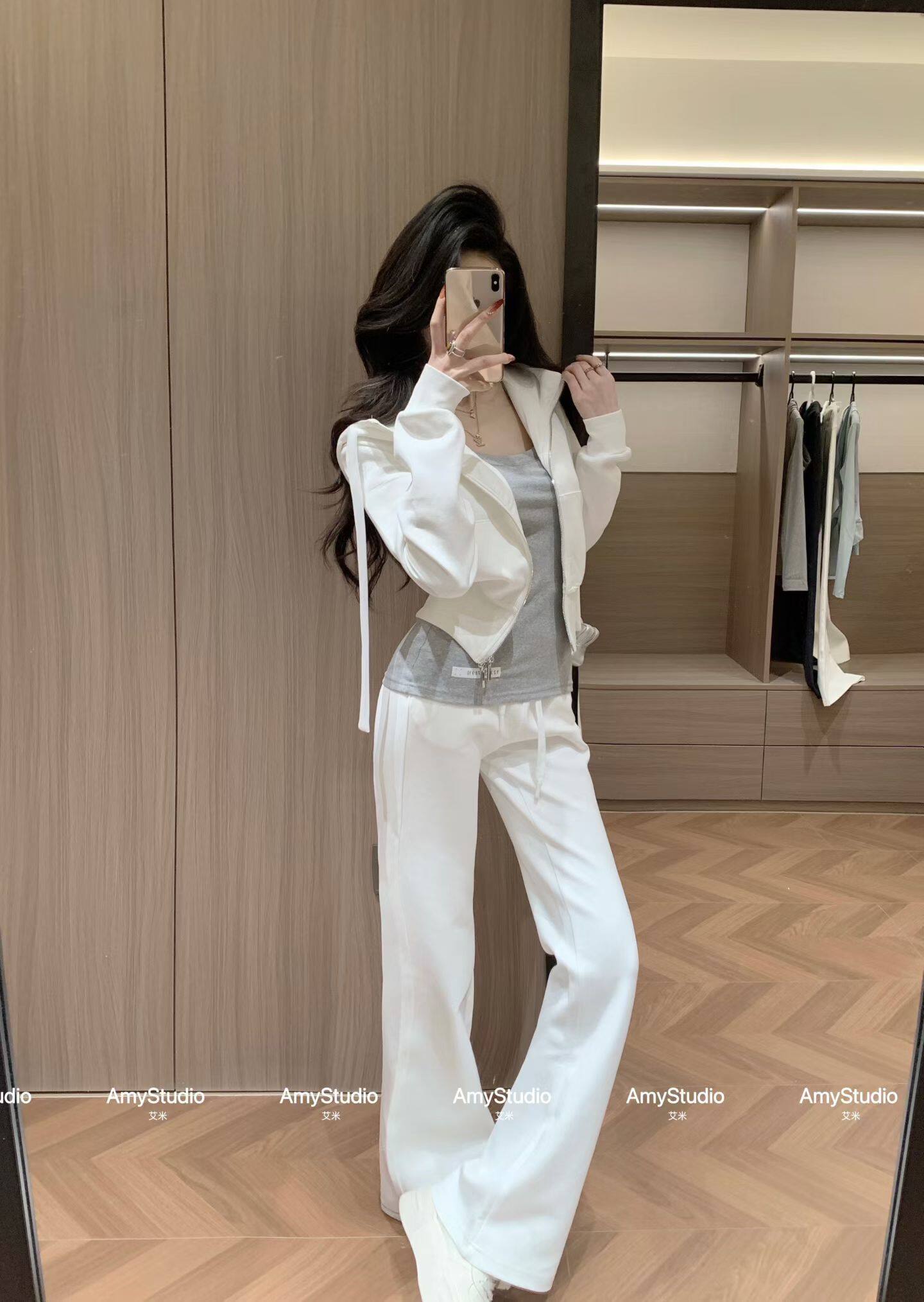 2026春季AMY艾米新款时尚休闲连帽卫衣+短袖+高腰阔腿裤三件套女