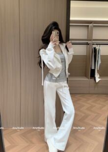 AMY艾米新款 高腰阔腿裤 时尚 短袖 三件套女 休闲连帽卫衣 2026春季