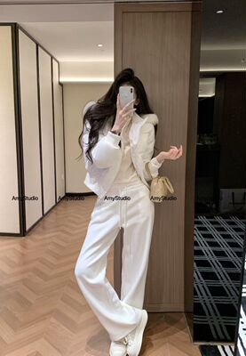 艾米AMY秋冬真毛90羽绒加绒短款上衣+高腰显瘦阔腿裤两件套308