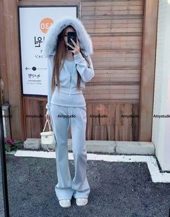 三件套女315 吊带背心高腰喇叭长裤 艾米AMY秋冬拉链长袖 加绒上衣